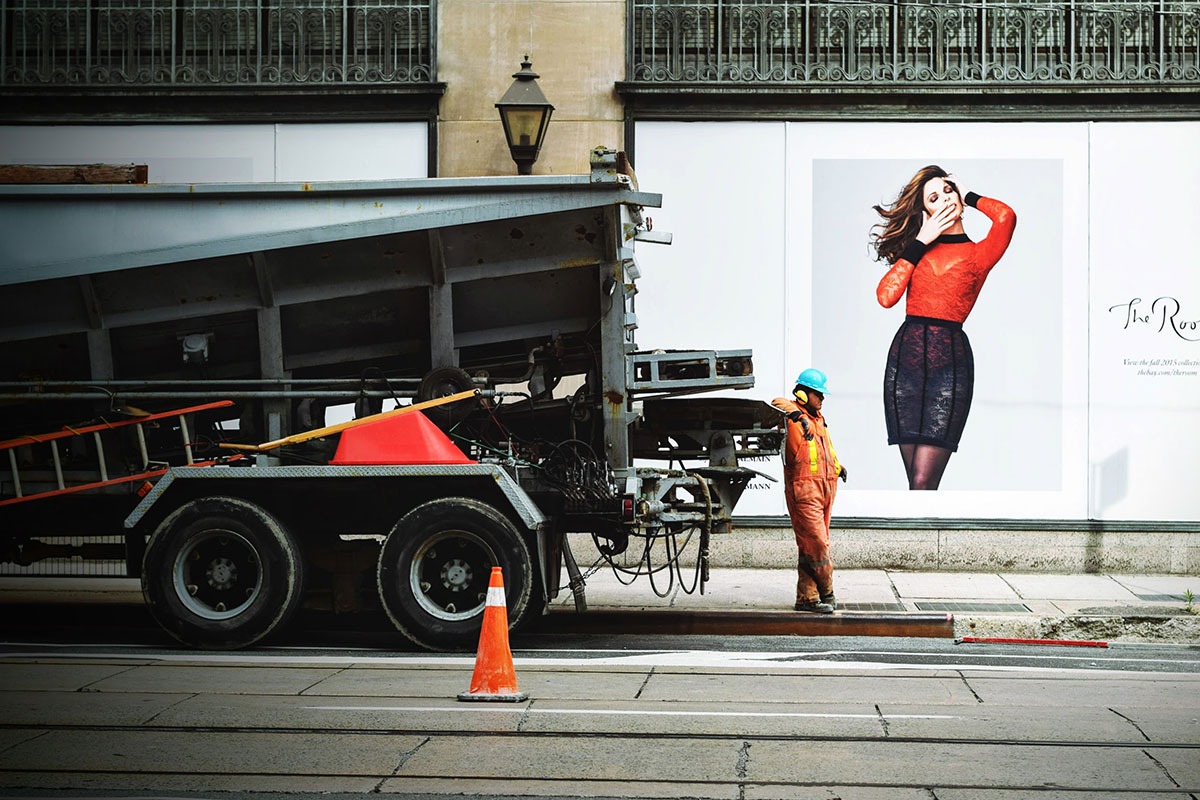 road construction vehicle and worker